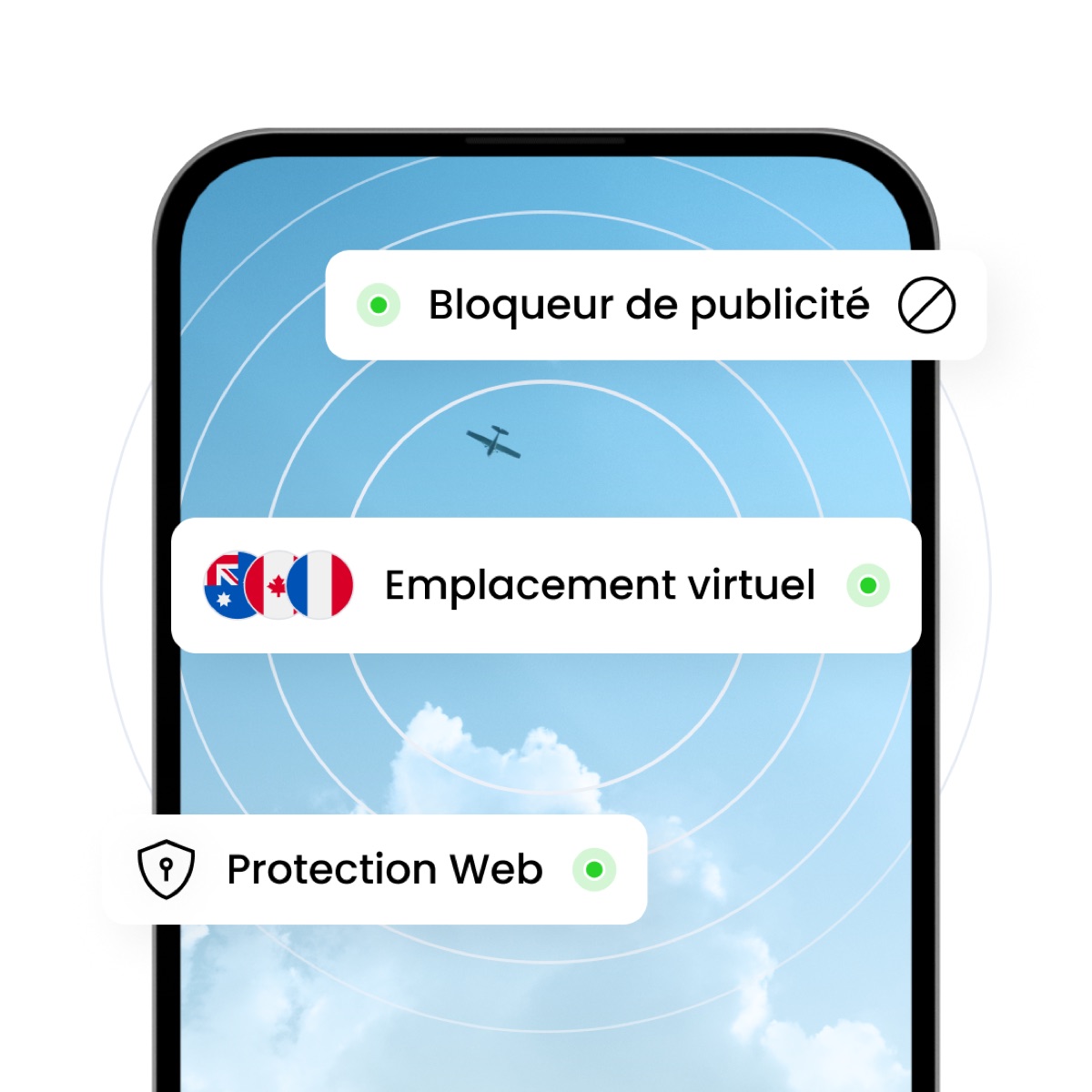 Fonctionnalités de sécurité Saily : bloqueur de publicités, localisation virtuelle, protection web