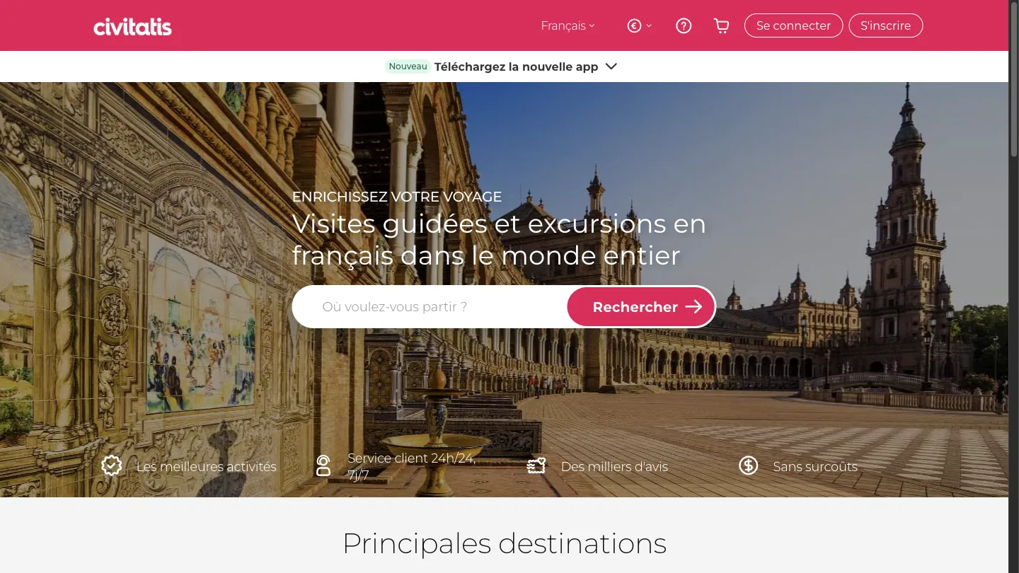 Page d'accueil de Civitatis, visites guidées et excursions en français