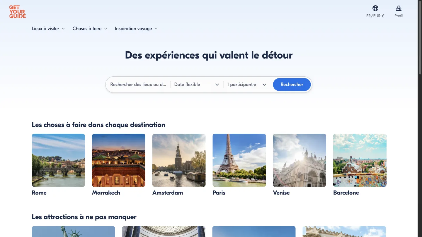 Page d'accueil de GetYourGuide avec le moteur de recherche d'activités par destination