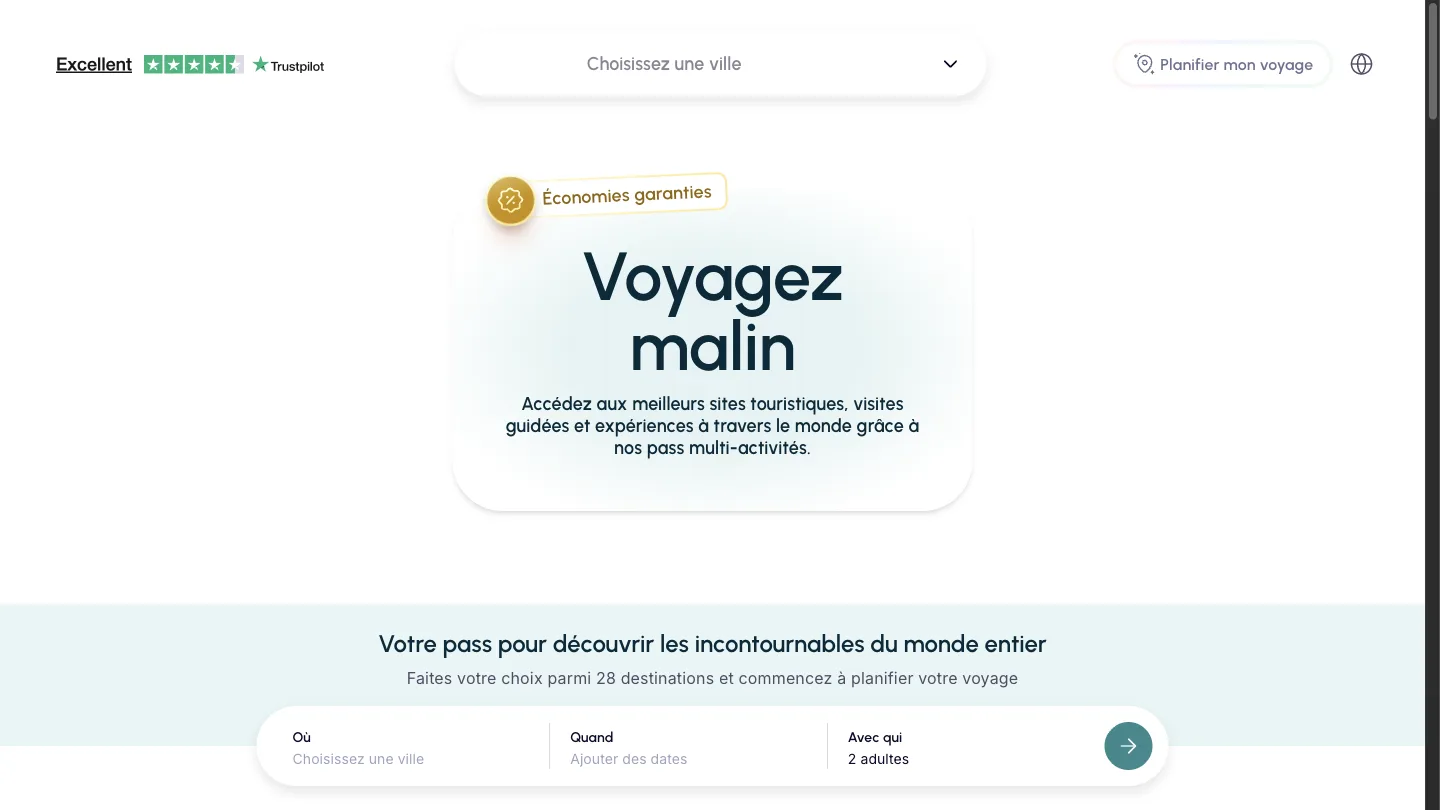 Page d'accueil de Go City, pass multi-activités dans 28 destinations