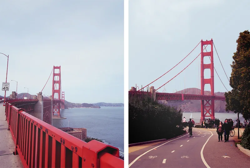 Golden Gate Bridge dans la brume et piste cyclable qui mène au pont