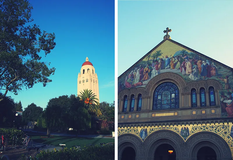 Hoover Tower et façade en mosaïque de la Memorial Church à Stanford