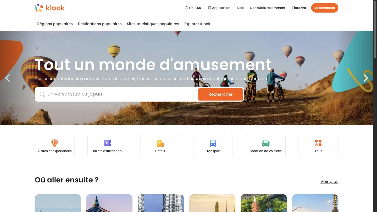 Page d'accueil de Klook France : activités, billets d'attraction, transport et hôtels