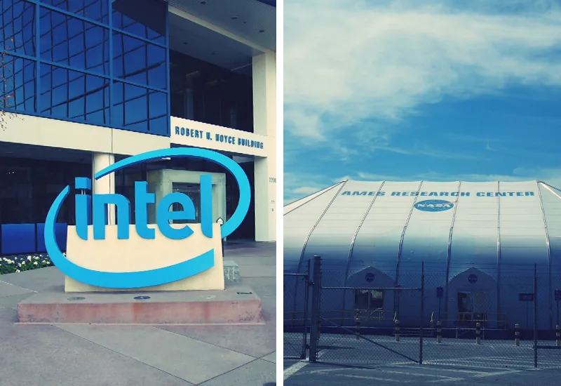 Logo Intel devant le Robert Noyce Building et hangar du centre de recherche NASA Ames