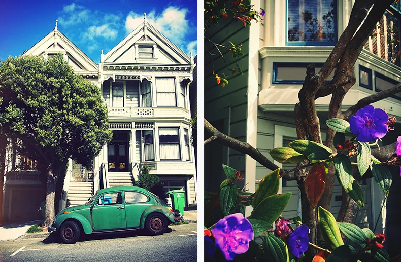 Maison victorienne avec une Coccinelle verte garée devant et fleurs violettes à San Francisco