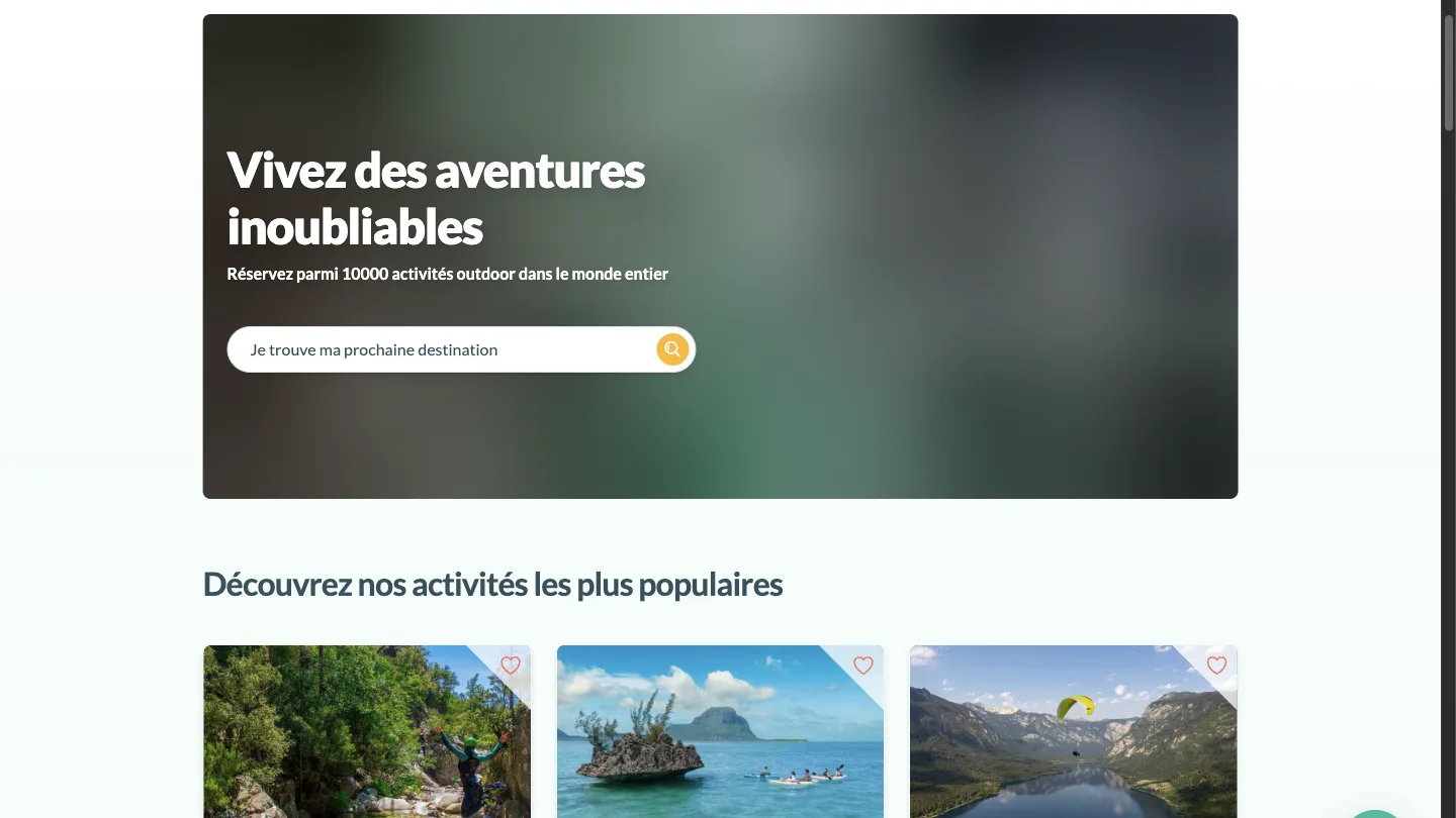 Page d'accueil de Manawa avec ses activités outdoor : canyoning, kayak de mer, parapente