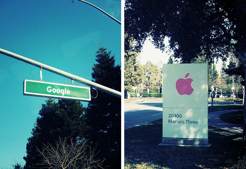 Panneau de rue Google et enseigne Apple Mariani Three à Cupertino