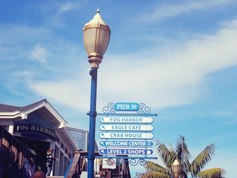 Panneau indicateur de Pier 39 avec ses restaurants et boutiques