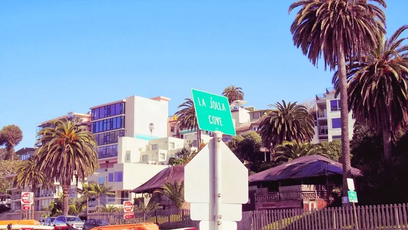 Panneau La Jolla Cove entouré de palmiers et d'immeubles