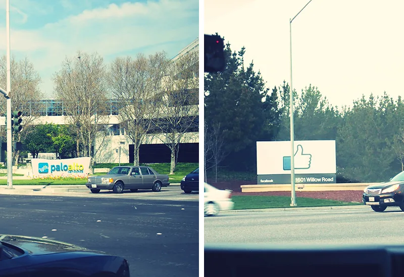 Panneau Palo Alto et enseigne pouce levé de Facebook au 1601 Willow Road à Menlo Park