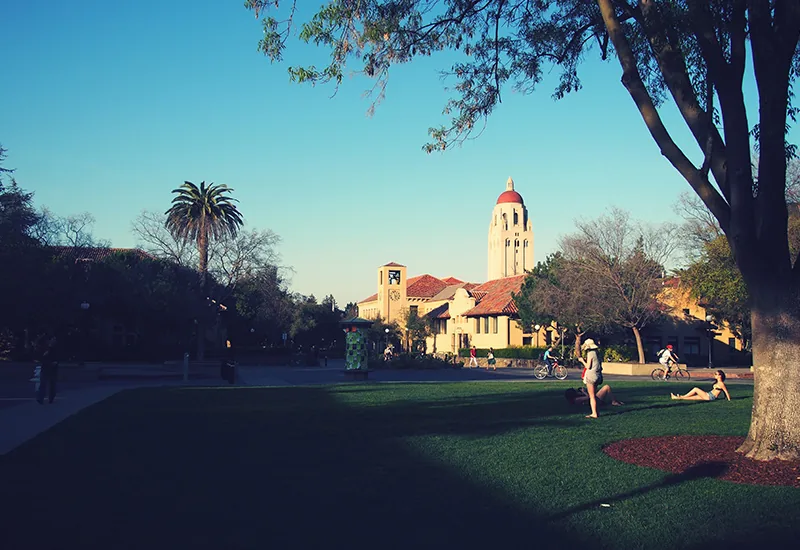 Pelouse du campus de Stanford avec la Hoover Tower au loin