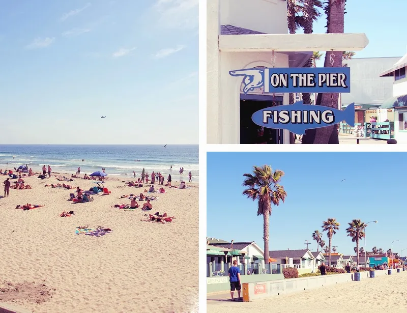 Plage de Pacific Beach, panneau On the Pier Fishing et boardwalk à San Diego
