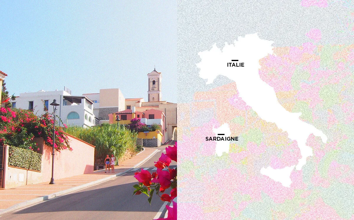 Ruelle d'un village de Sardaigne et carte de l'Italie situant la Sardaigne
