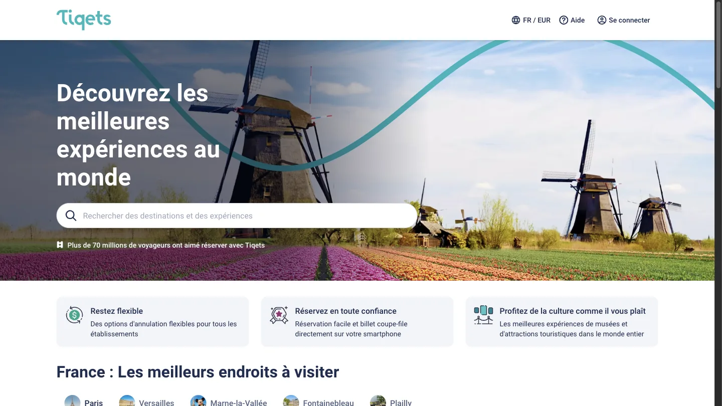 Page d'accueil de Tiqets, billetterie mobile pour musées et attractions