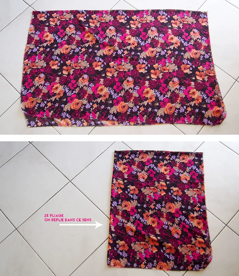 Tissu viscose à fleurs roses et orange plié en deux, première étape de couture du kimono DIY
