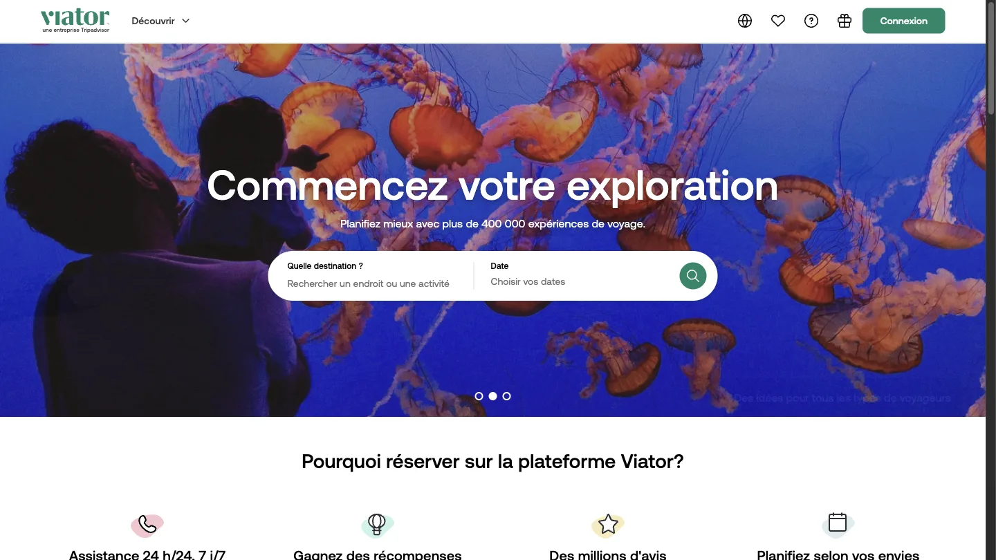 Page d'accueil de Viator, la plateforme d'activités du groupe Tripadvisor