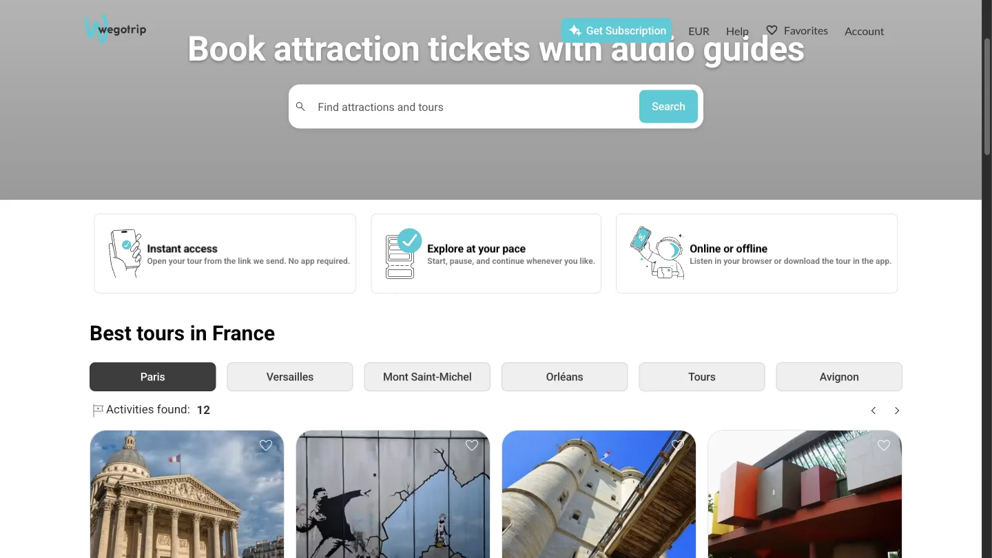 Page d'accueil de WeGoTrip : billets d'entrée couplés à une visite audioguidée